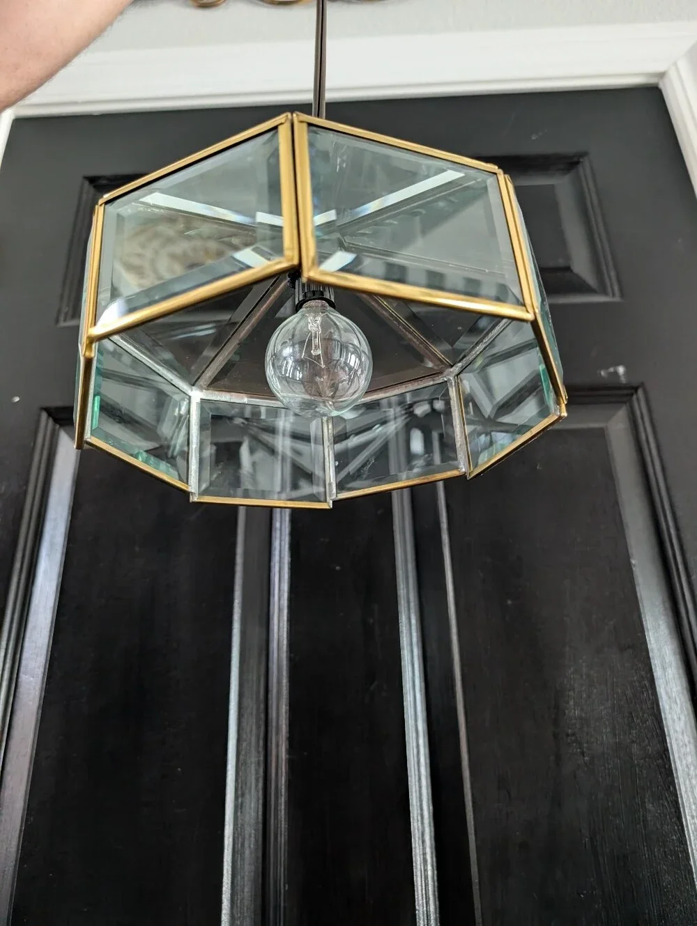 Vintage MCM Small pendant light, hexagonal brass frame, beveled glass, swag